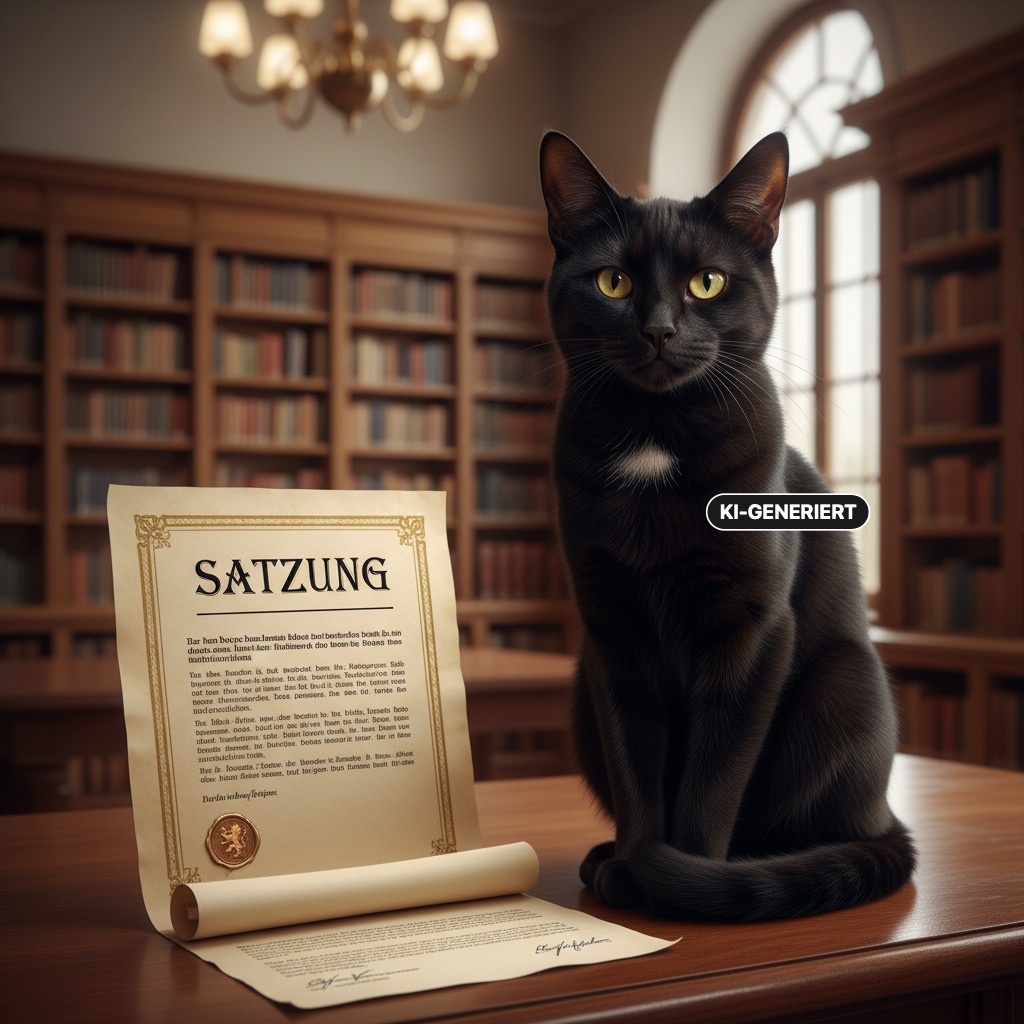 Eine schwarze Katze sitzt auf einem Holztisch neben einer aufgerollten Urkunde mit der Aufschrift Satzung in einer Bibliothek. (KI-generiert)