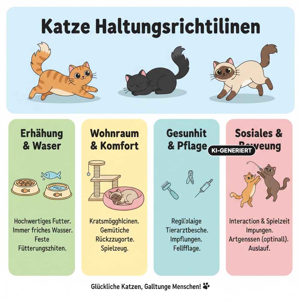 Eine Infografik mit Richtlinien für die artgerechte Katzenhaltung, unterteilt in die vier Kategorien Ernährung und Wasser, Wohnraum und Komfort, Gesundheit und Pflege sowie Soziales und Bewegung. (KI-generiert)