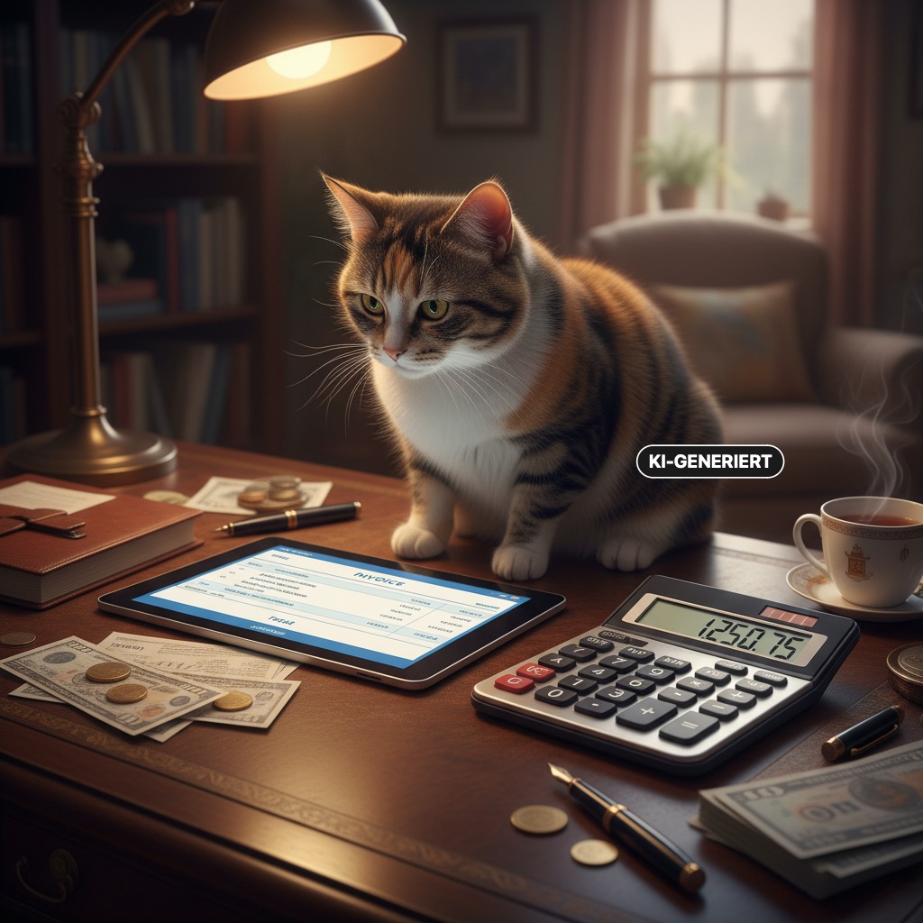 Eine Katze sitzt an einem Schreibtisch neben einem Tablet mit einer Rechnung, einem Taschenrechner, Bargeld und einer Tasse Kaffee. (KI-generiert)